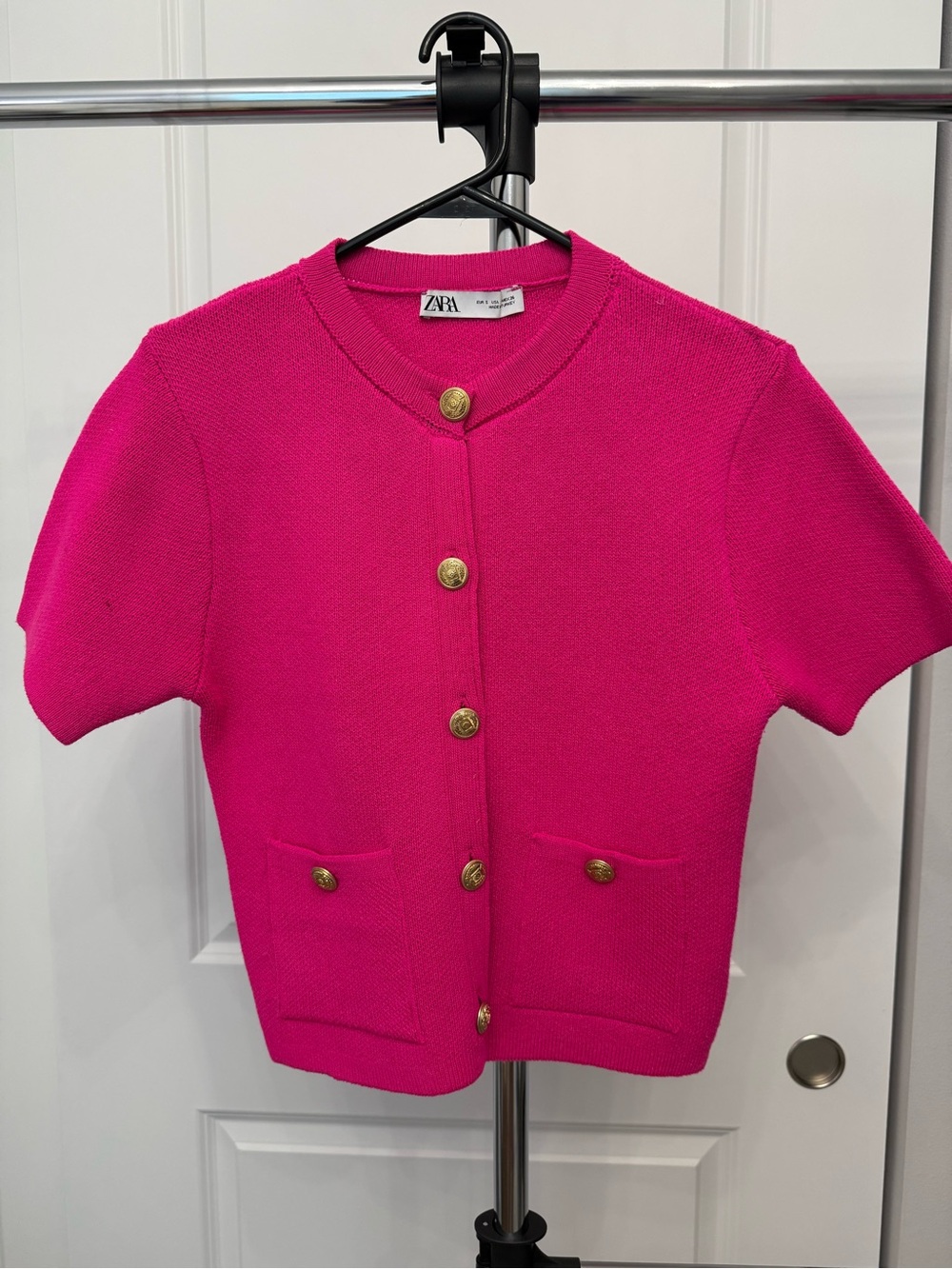 Zara Hot Pink Short Sleeve Knit Cardigan with Gold Buttons